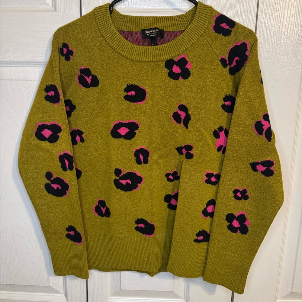 Juicy Couture chartreuse and pink leopard print sweater